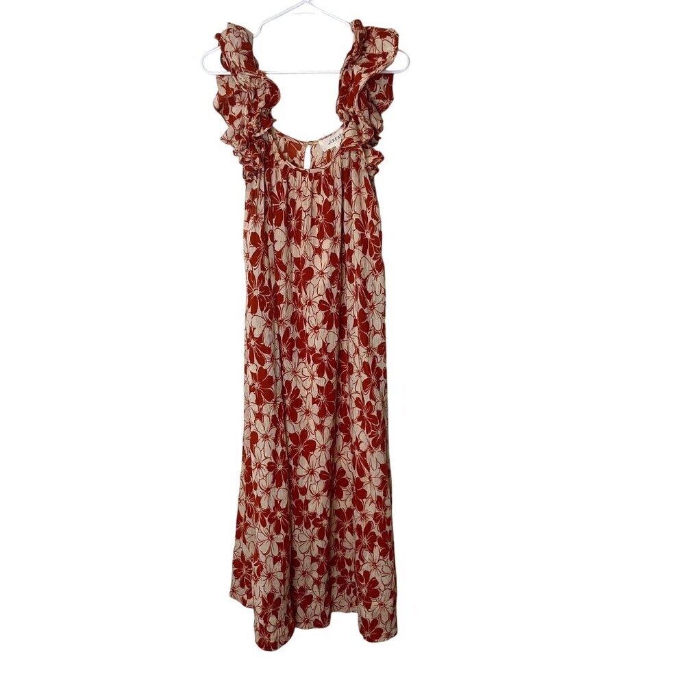 THE GREAT. Cascade Dress in Burnt Red Hibiscus Flower  Size Small - Picture 4 of 11